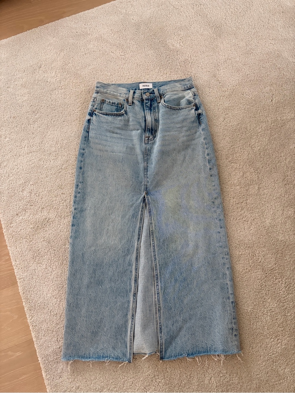 pistola Light Blue Denim Front-Slit Maxi Skirt